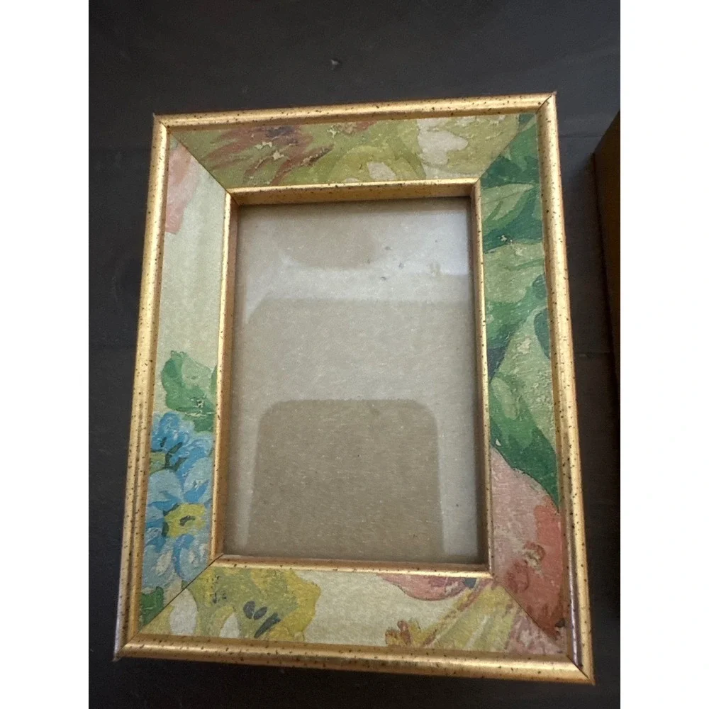 VTG Style Floral Gold Trim Miniature Picture Frames Set of 2 Green Blue 3x4.5